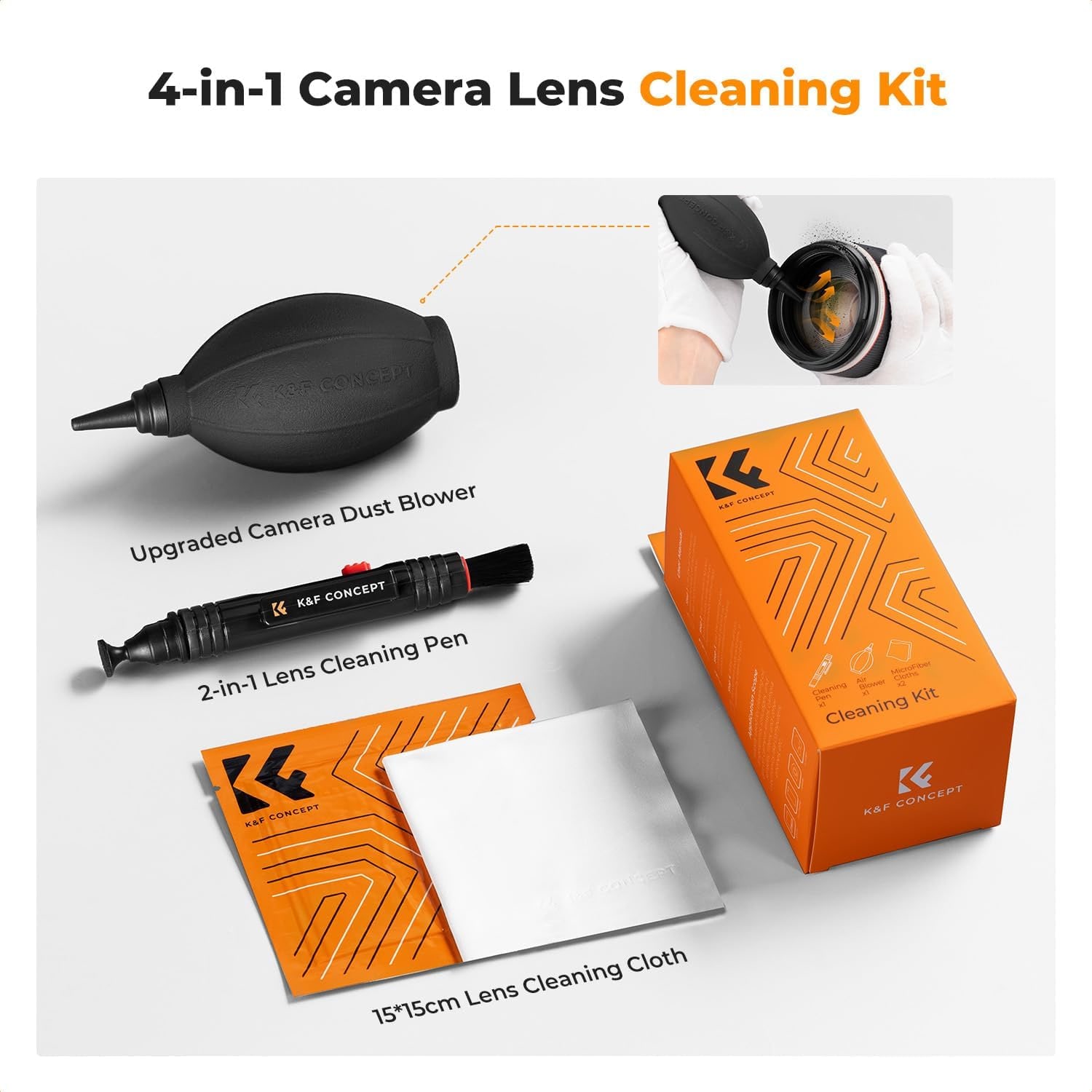 4-in-1 Camera Lens Cleaning Kit with Blower, Lens Pen and Microfiber Cloths, detail view