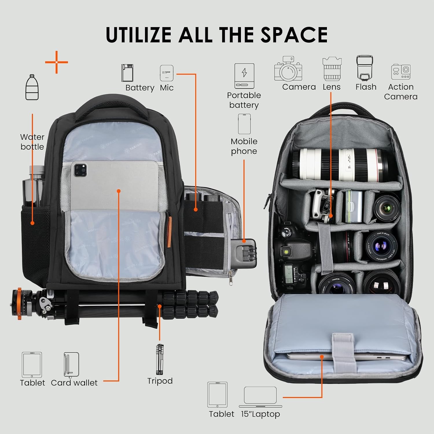 Compact Camera Backpack with 15-Inch Laptop Sleeve