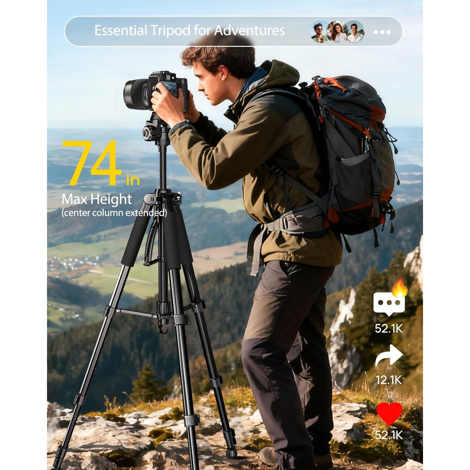 74 Inch Camera Tripod with Phone Holder and Wireless Remote