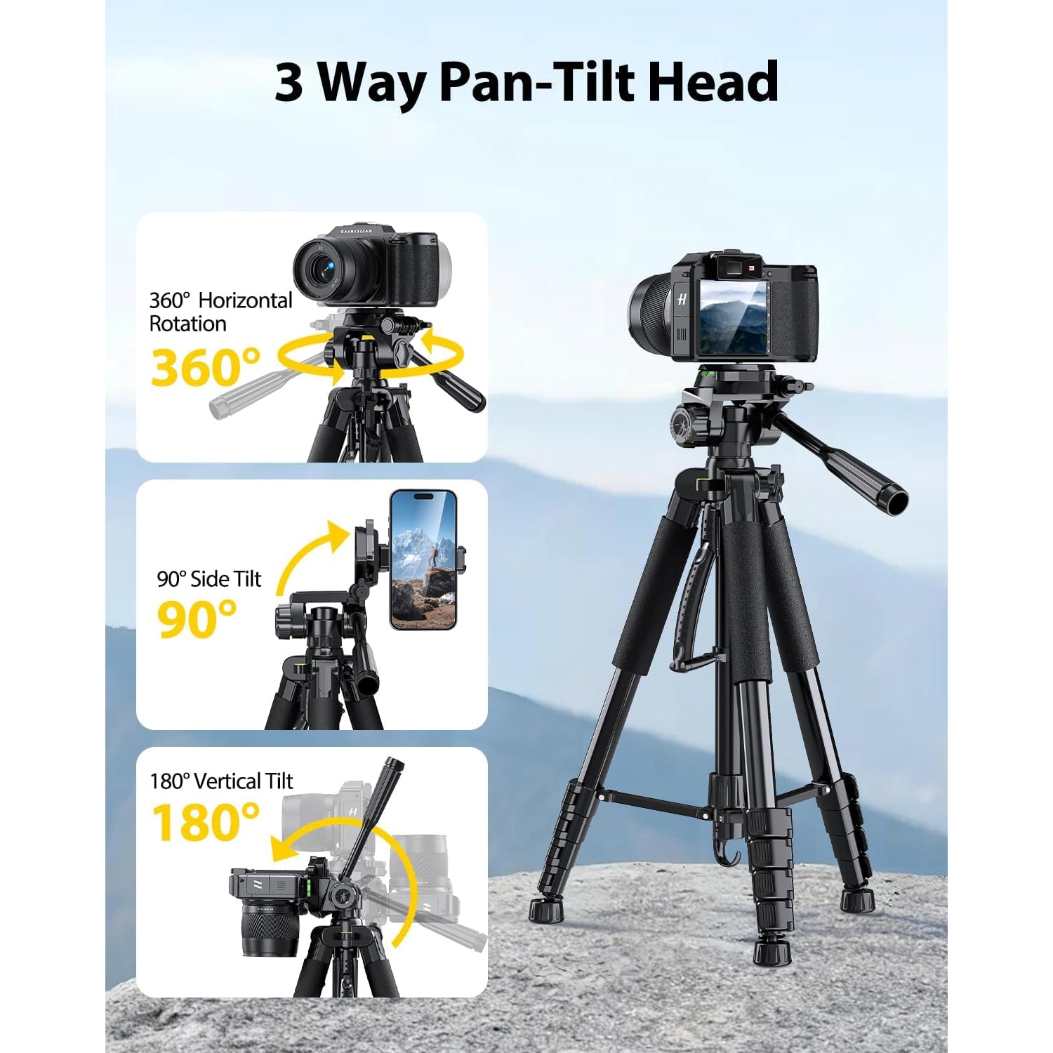 74 Inch Camera Tripod with Phone Holder and Wireless Remote