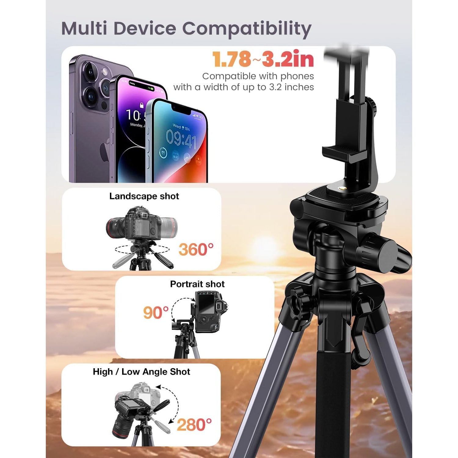 74 Inch Lightweight Aluminum Camera Tripod with 360° Pan Head: image 5