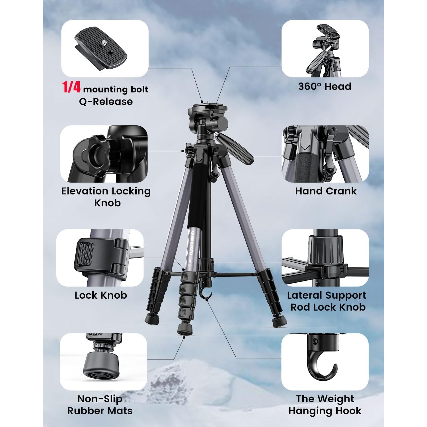 74 Inch Lightweight Aluminum Camera Tripod with 360° Pan Head: image 6