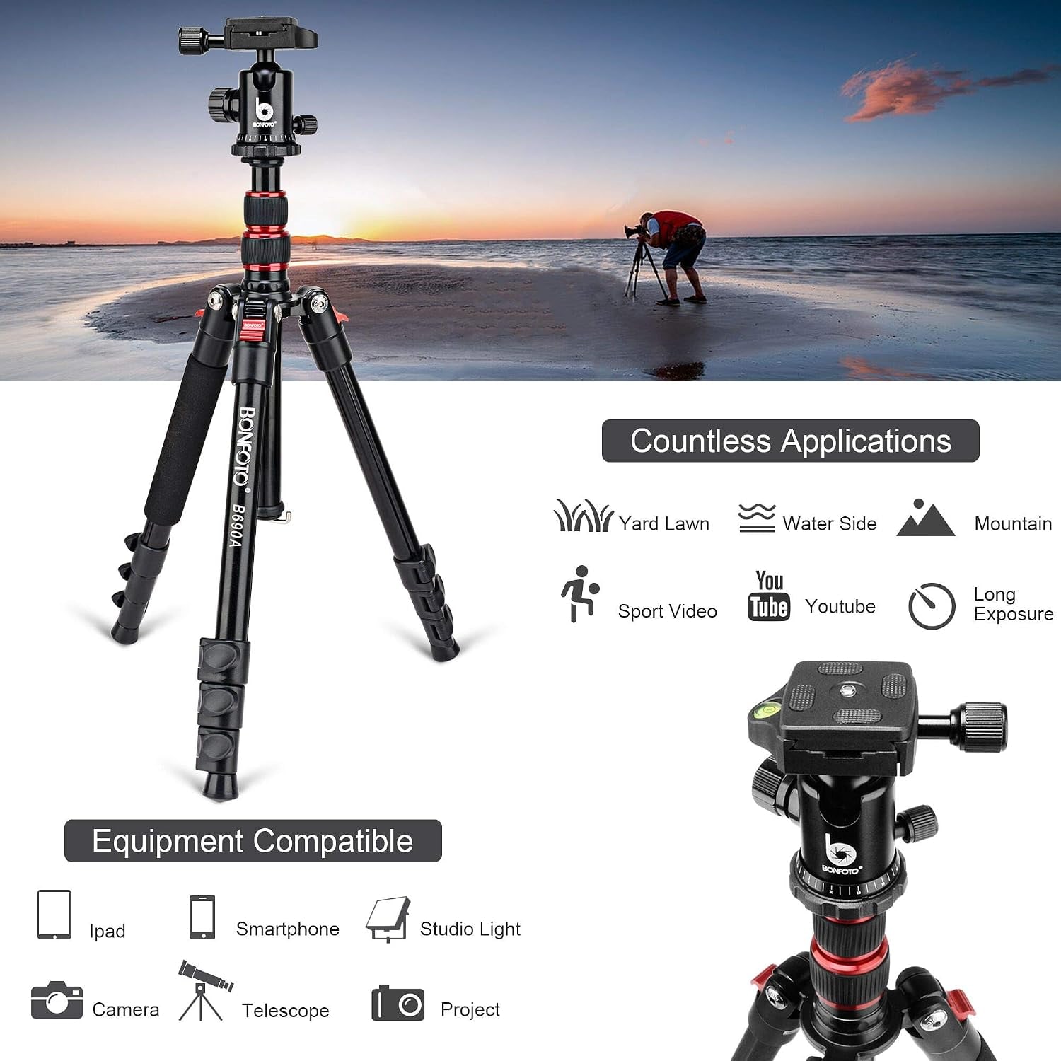 Travel Camera Tripod with Aluminum Legs and Ball Head