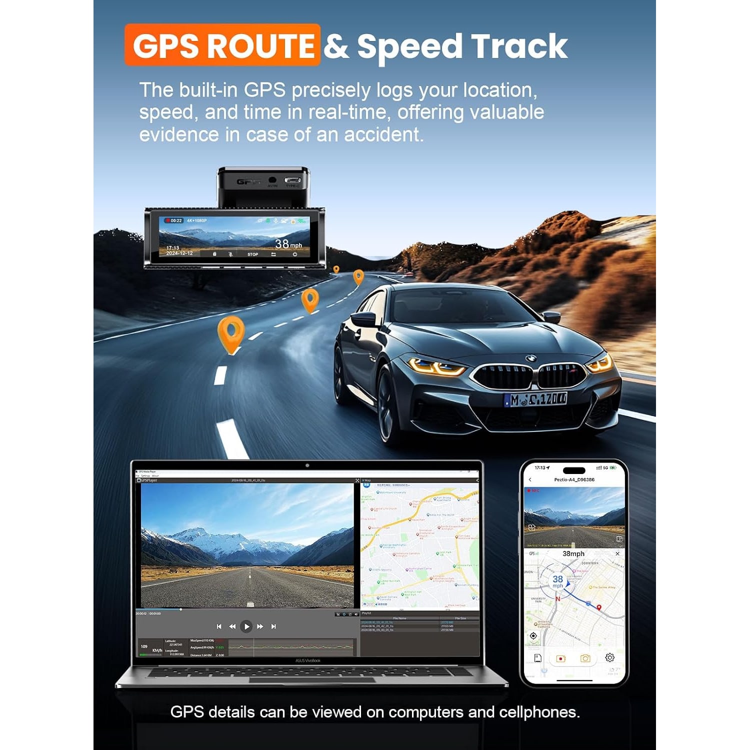 4K Dual Dash Cam with GPS and 64GB Card