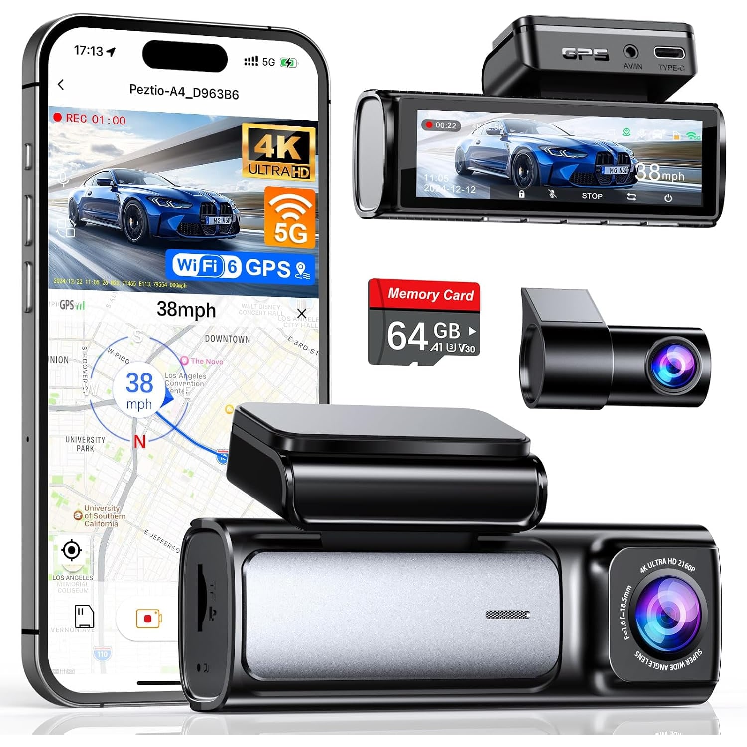 4K Dual Dash Cam with GPS and 64GB Card