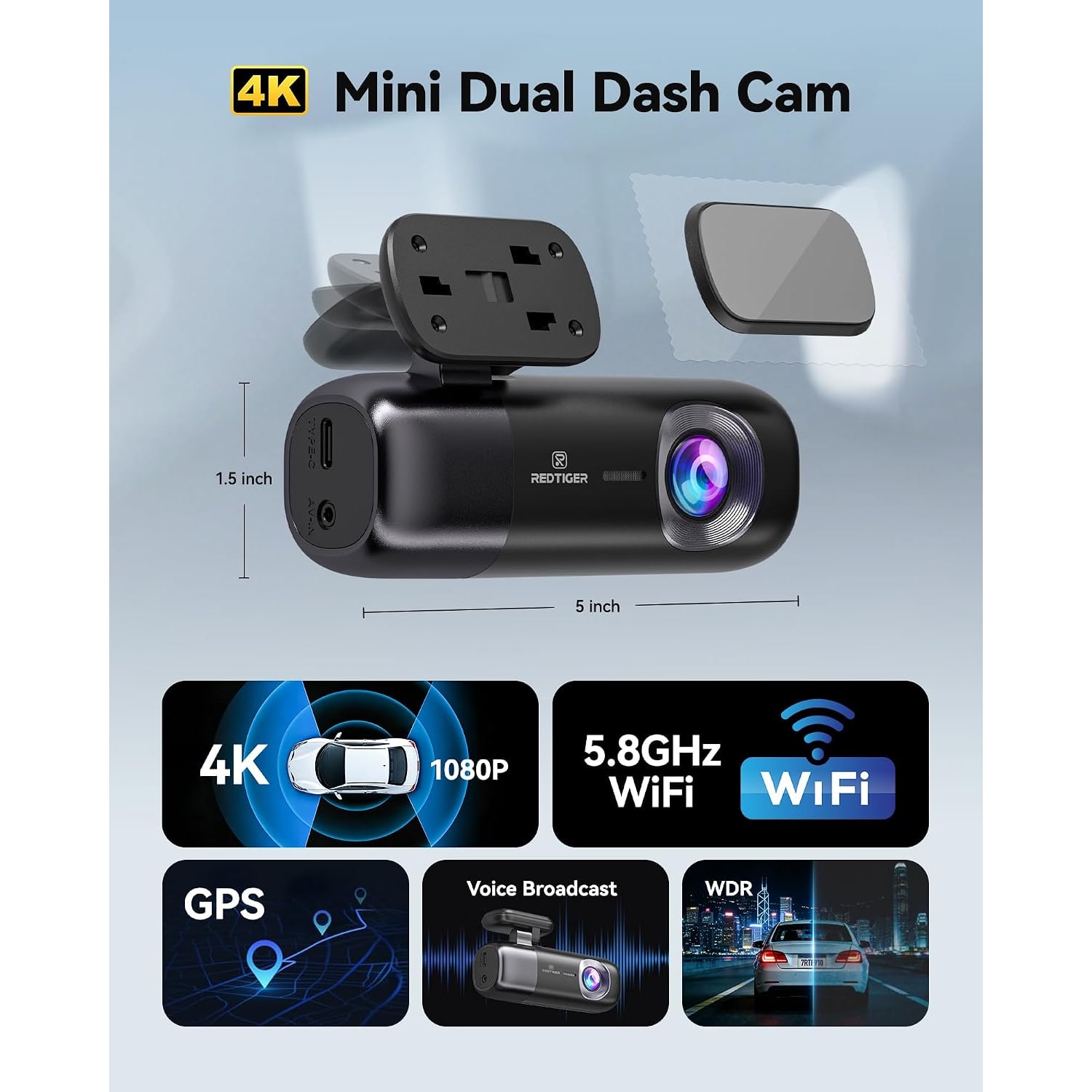 4K Front and Rear Dash Cam with 5.8GHz WiFi and GPS