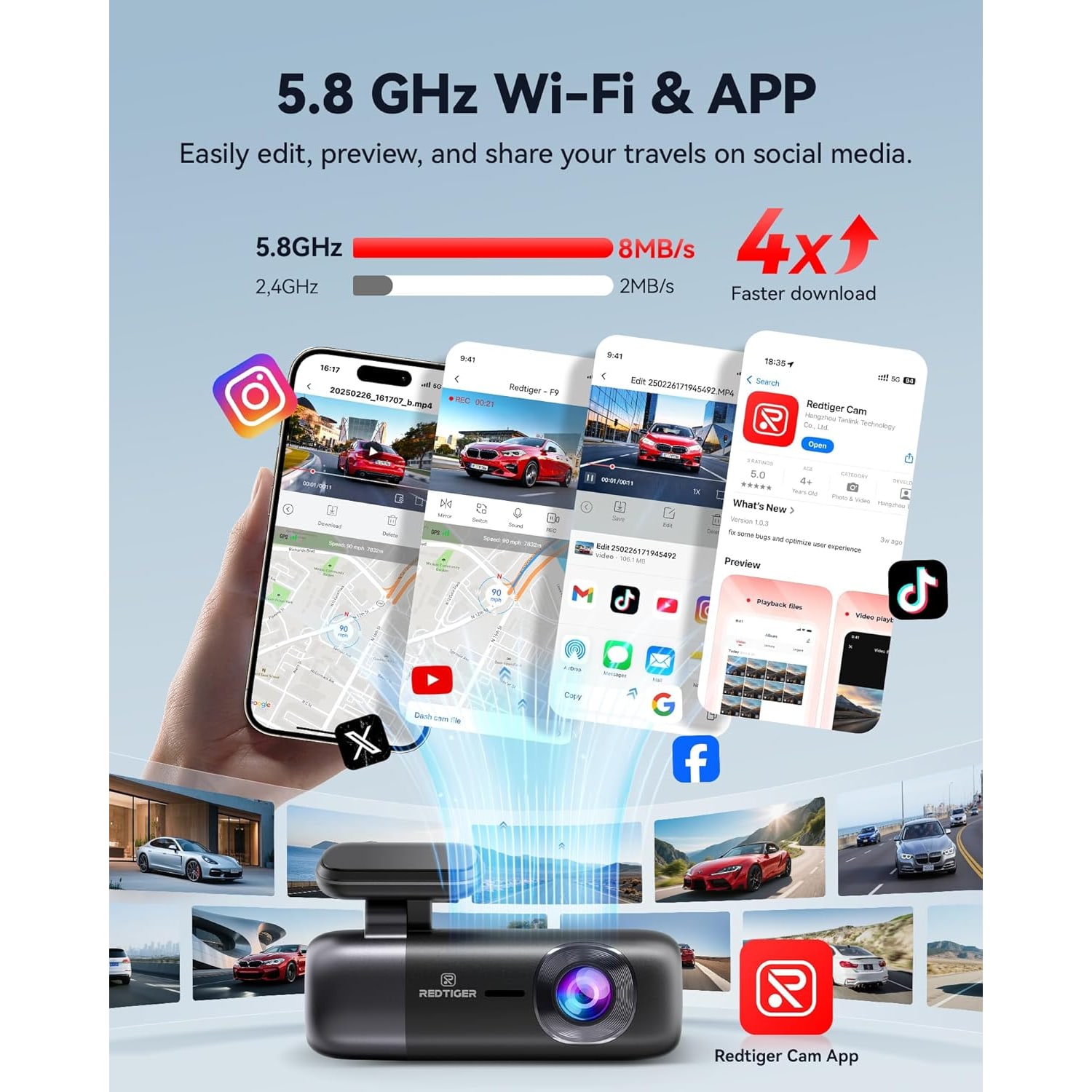 4K Front and Rear Dash Cam with 5.8GHz WiFi and GPS