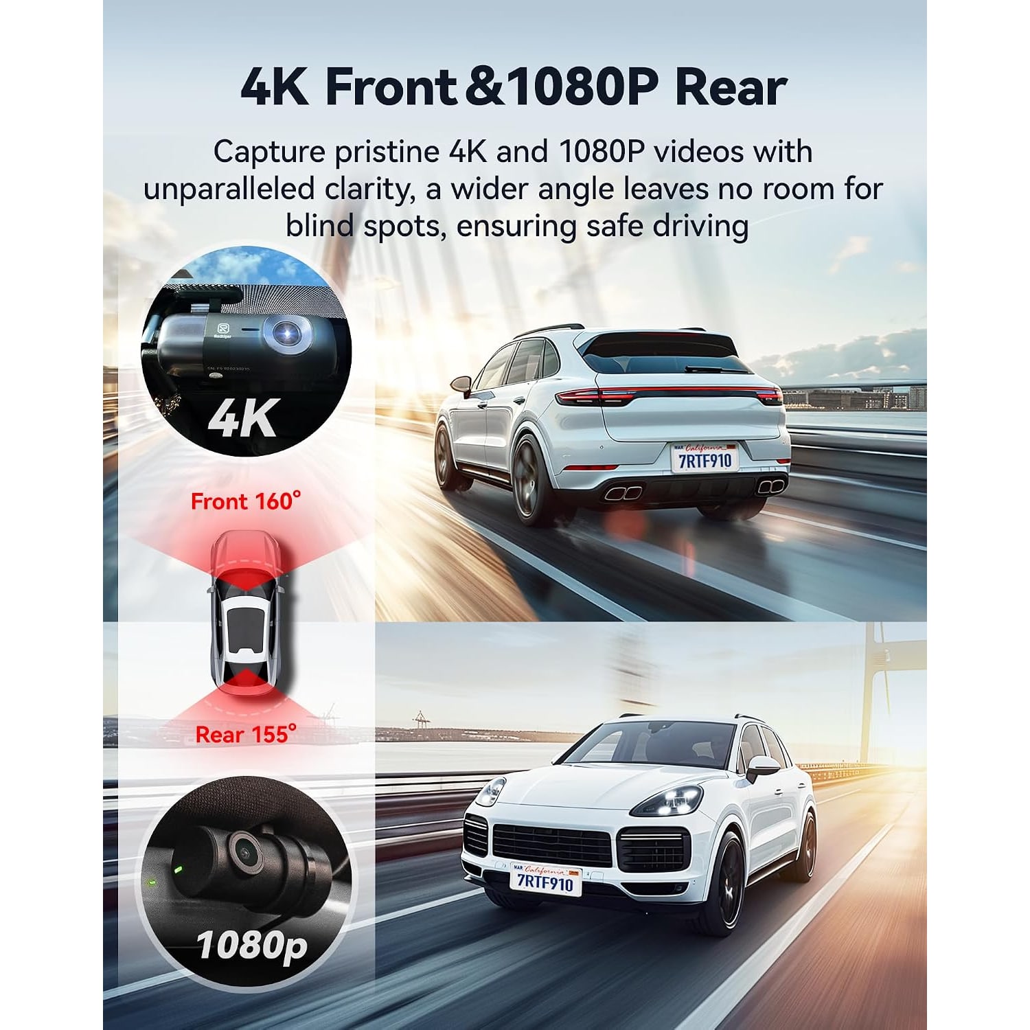 4K Front and Rear Dash Cam with 5.8GHz WiFi and GPS