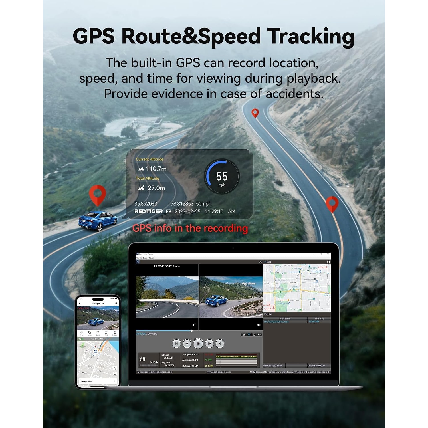 4K Front and Rear Dash Cam with 5.8GHz WiFi and GPS