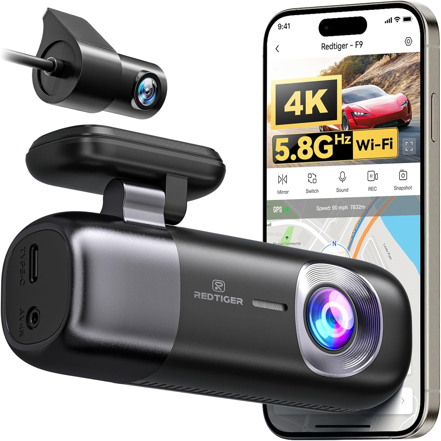 4K Front and Rear Dash Cam with 5.8GHz WiFi and GPS