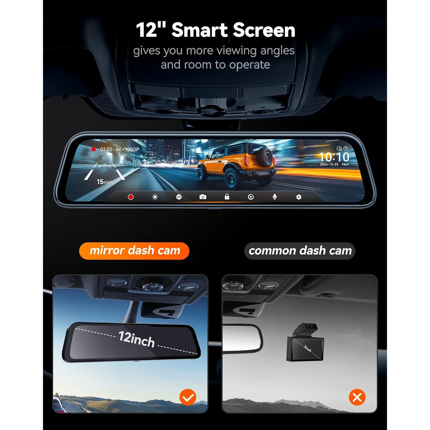 4K Mirror Dash Cam with 12-Inch Touch Screen and Rear Camera