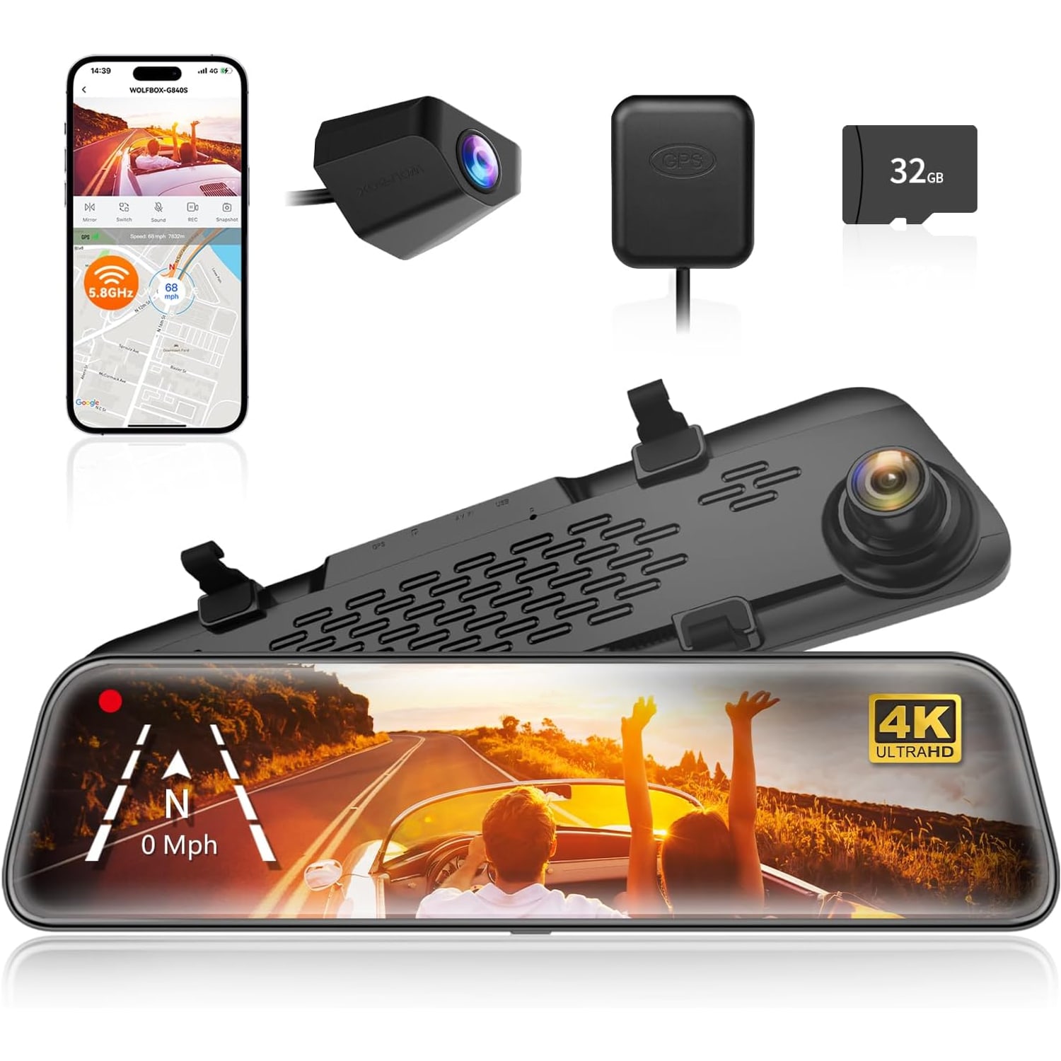 4K Mirror Dash Cam with 12-Inch Touch Screen and Rear Camera