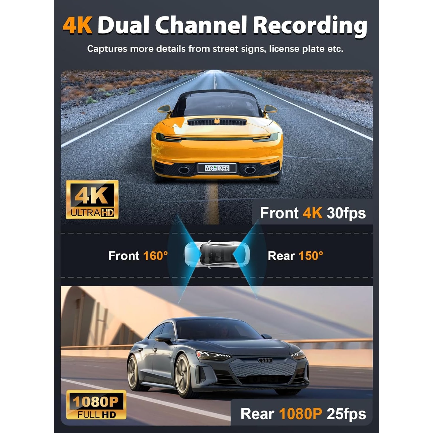 4K Front and Rear Dash Cam with WiFi and 64GB Card