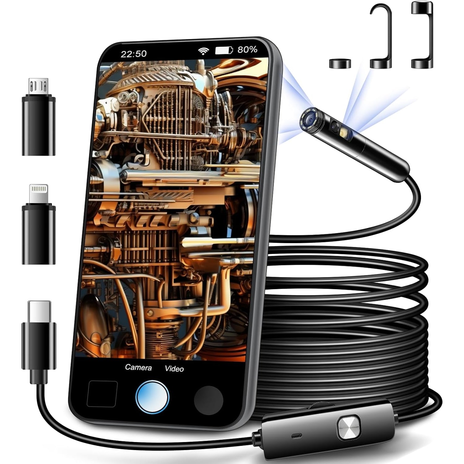 Dual Lens Endoscope Camera with 16.5 ft Semi-Rigid Cable