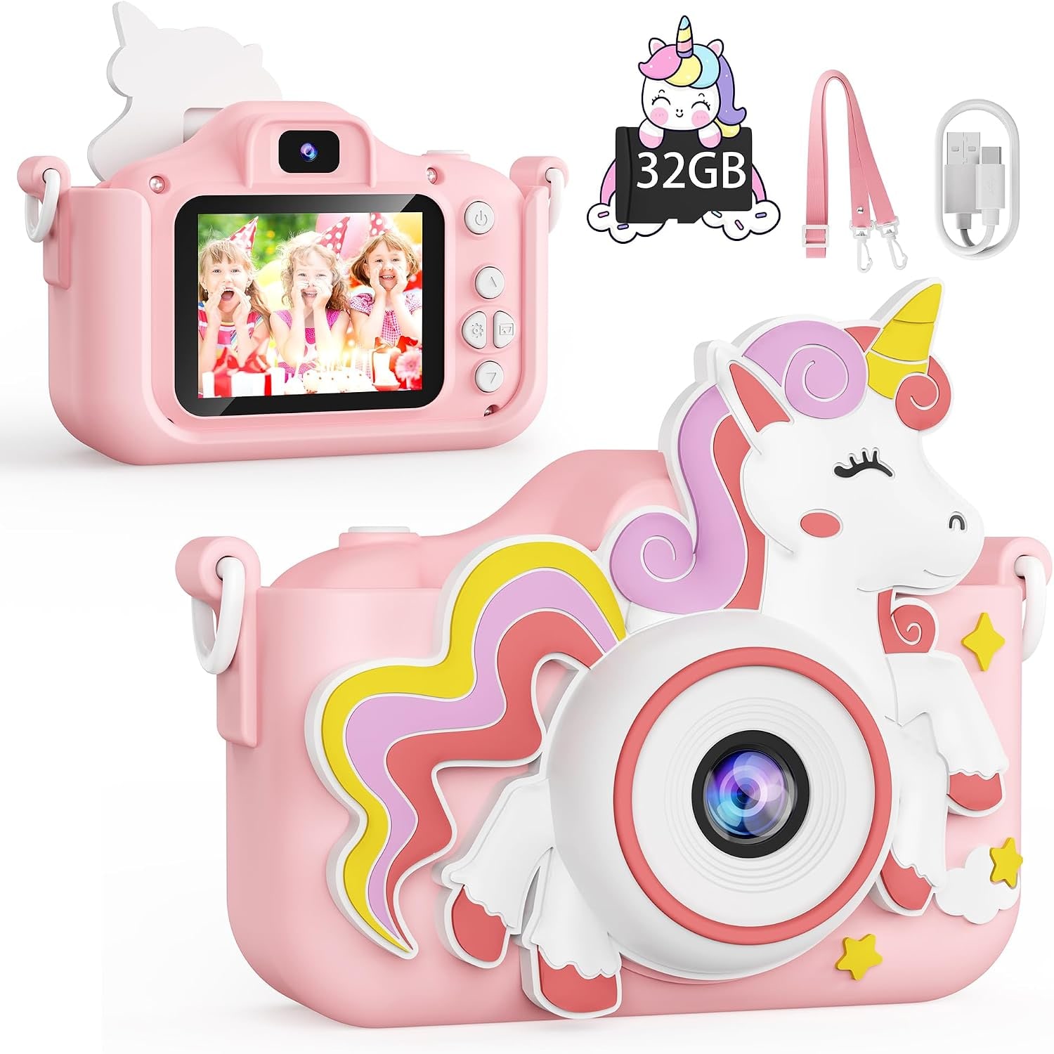 Kids Digital Camera with 32GB Card and Unicorn Case