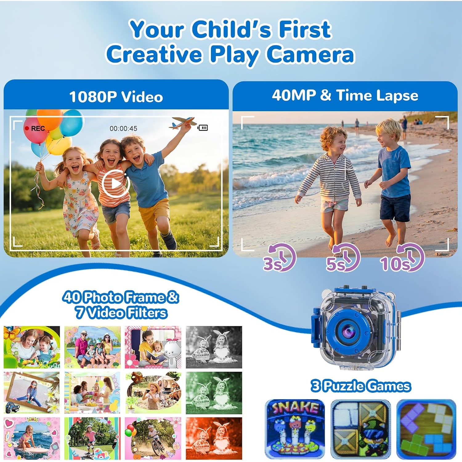 Kids Waterproof Action Camera with 32GB Card and Mounts