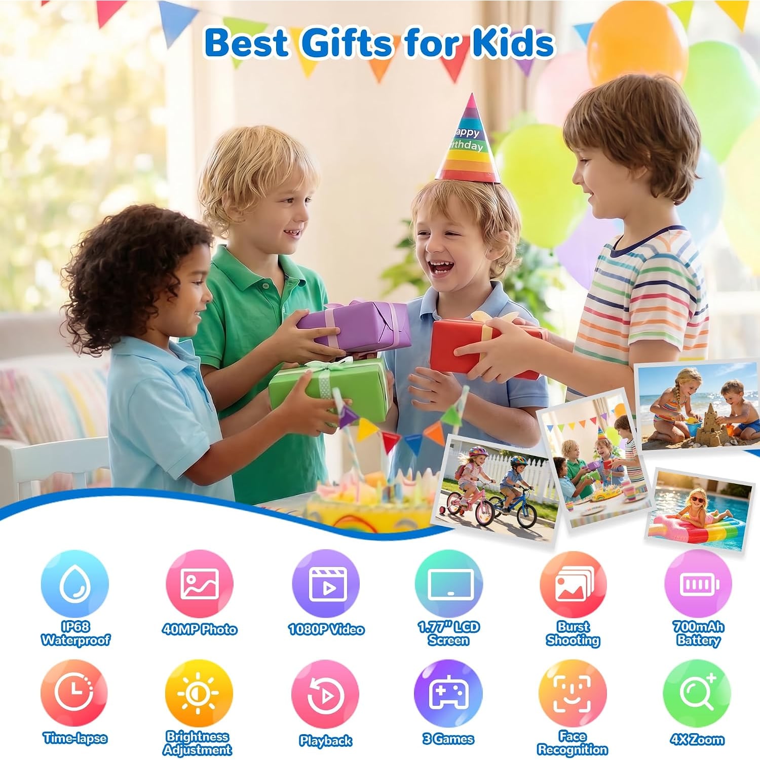 Kids Waterproof Action Camera with 32GB Card and Mounts