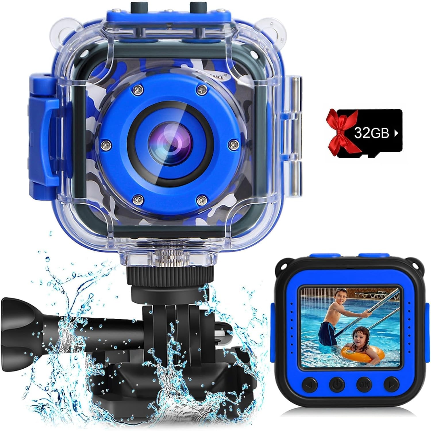 Kids Waterproof Action Camera with 32GB Card and Mounts
